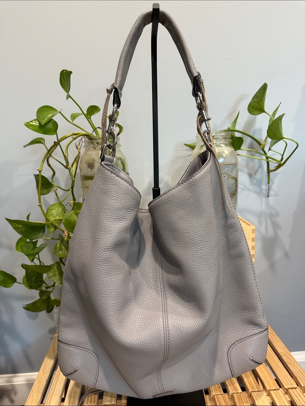 Rebecca Minkoff Gray Pebbled Leather Hobo Shoulder Bag Tassel Crossbody